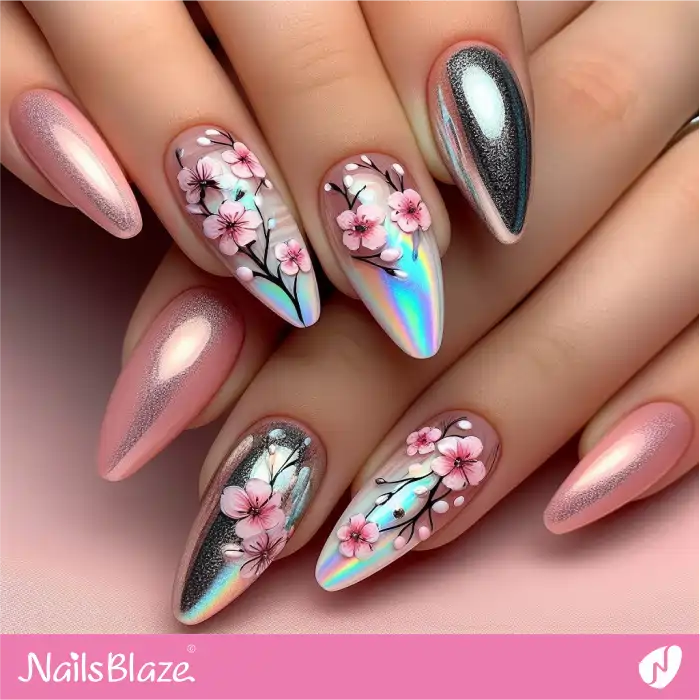 Spring Chrome Nails with Cherry Blossom Design | Spring Nails - NB3866